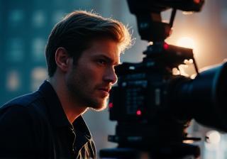 Cinematographer looking through a film camera viewfinder on set