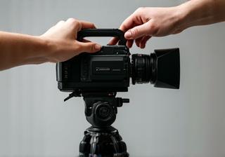 Person holding a camera on a tripod setting up a shot