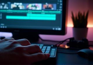 Person editing video on a computer screen displaying editing software interface