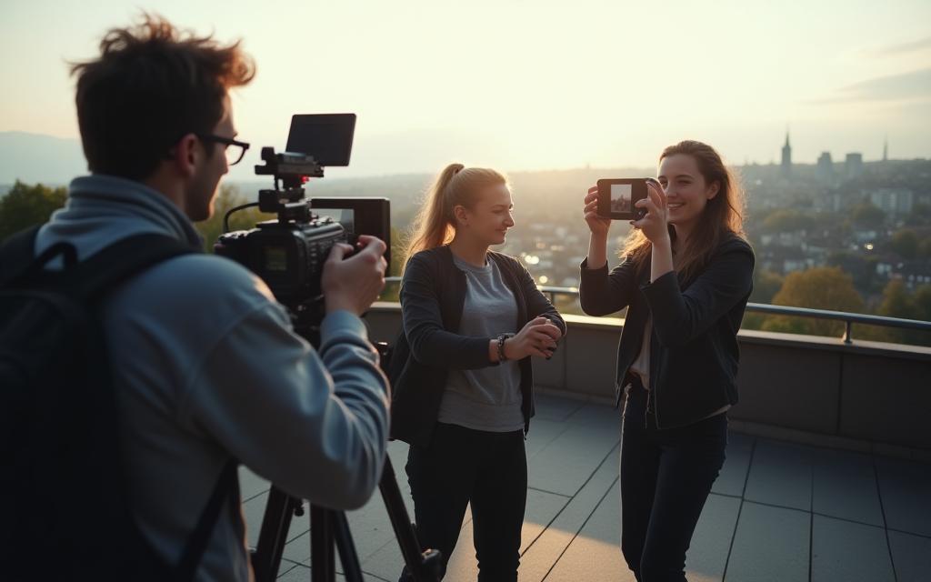 Students filming a scene with the Zurich skyline in the background, capturing dynamic motion.
